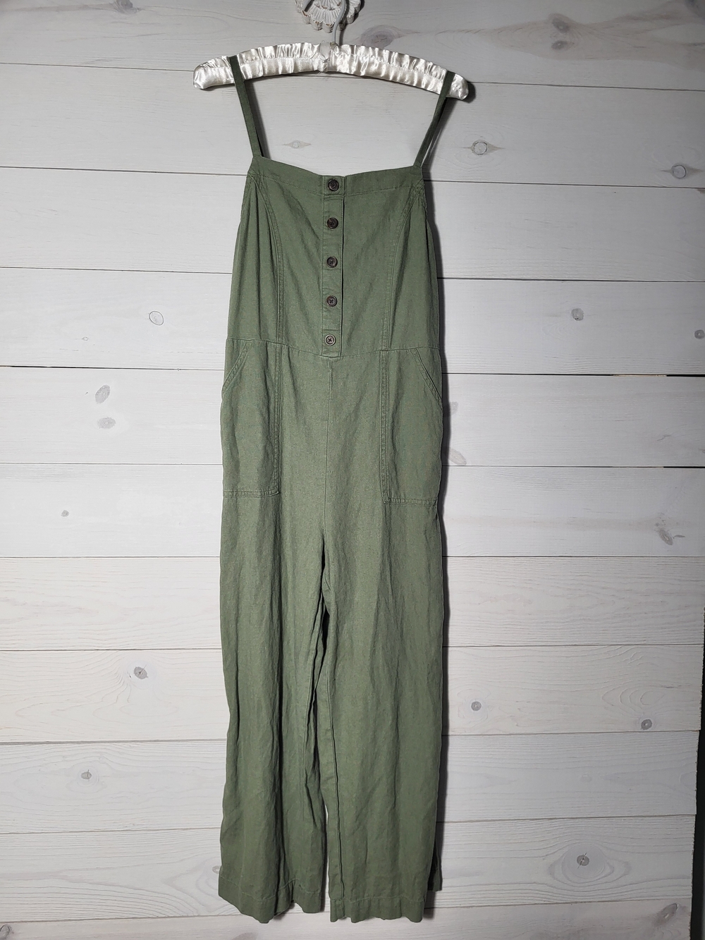 Old Navy Linen Overalls Olive Green Smocked Jumpsuit Flowy BOHO.